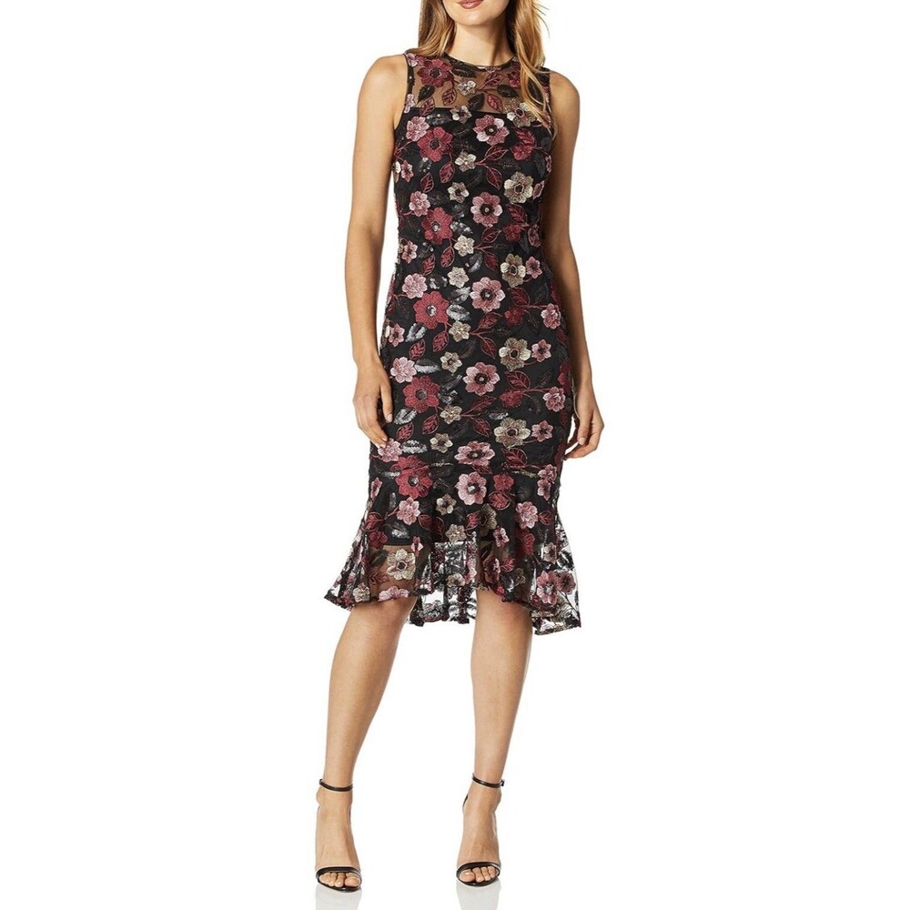 CALVIN KLEIN Floral Embroidered Mesh Overlay Sheath Midi Dress 8 Party Cocktail